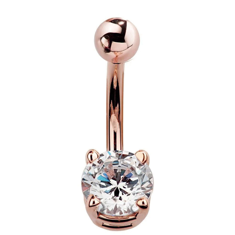 14k rose gold diamond solitaire belly ring with round prong-set diamond, front view
