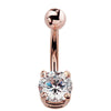 14k rose gold CZ belly ring showing warm rose tone against white, solitaire four-prong setting