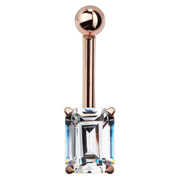 14k rose gold navel ring with 8x6mm emerald-cut cubic zirconia in prong basket, front view