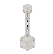 14k white gold Akoya pearl belly button ring with prong settings, straight-on front view