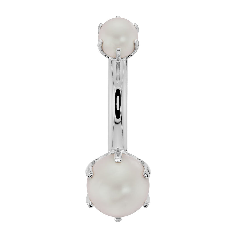 14k white gold Akoya pearl belly button ring with prong settings, straight-on front view