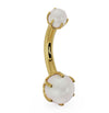 14k yellow gold Akoya pearl navel ring with prong-set pearls, angled side profile view