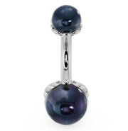 Front view of 14k white gold belly ring with dual black Akoya pearls in scroll prong setting