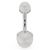 14k white gold Akoya pearl belly ring front view with dual lustrous white pearls in scroll setting