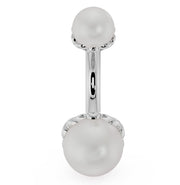 14k white gold Akoya pearl belly ring front view with dual lustrous white pearls in scroll setting