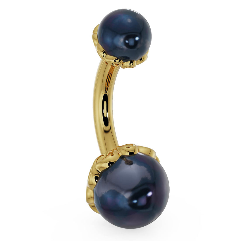 14k yellow gold navel ring with dual black Akoya pearls in scroll prong setting, side profile view