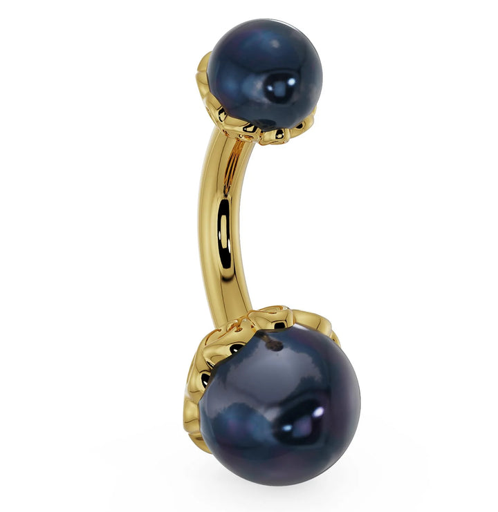 Black Akoya Pearl Scroll Setting 14k Gold Navel Ring