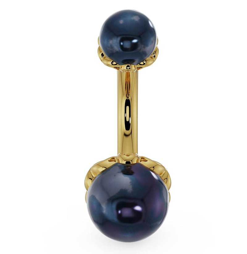 Front view of 14k yellow gold belly ring showing scroll settings and lustrous black Akoya pearl pair