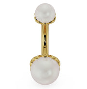 14k yellow gold Akoya pearl belly button ring front view showing dual white pearls and curved barbell