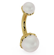 14k yellow gold Akoya pearl scroll navel ring angled view highlighting scalloped gold setting texture