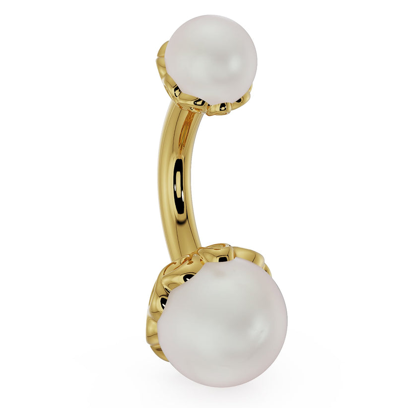 14k yellow gold Akoya pearl scroll navel ring angled view highlighting scalloped gold setting texture
