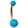 14k yellow gold belly ring with dual turquoise balls, front view on white background