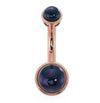 Black Akoya pearl bezel-set navel ring in 14k rose gold, front view highlighting warm pink gold contrast