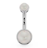 14k white gold Akoya pearl bezel navel ring, front view with dual pearl settings