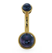 14k yellow gold black Akoya pearl belly button ring, straight-on front view of dual bezel setting