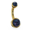Black Akoya pearl bezel-set 14k yellow gold belly ring, angled side view showing iridescent luster