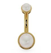 14k yellow gold Akoya pearl navel ring, straight-on front view showing 4mm and 6mm pearls