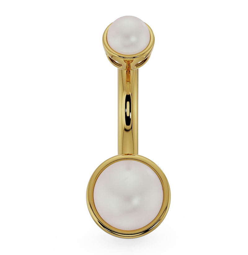 14k yellow gold Akoya pearl navel ring, straight-on front view showing 4mm and 6mm pearls