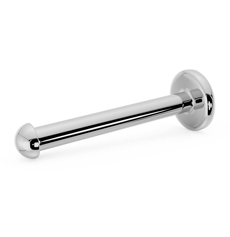 14K white gold 1.5mm dome flat back labret angled view, showing polished post and flat disc
