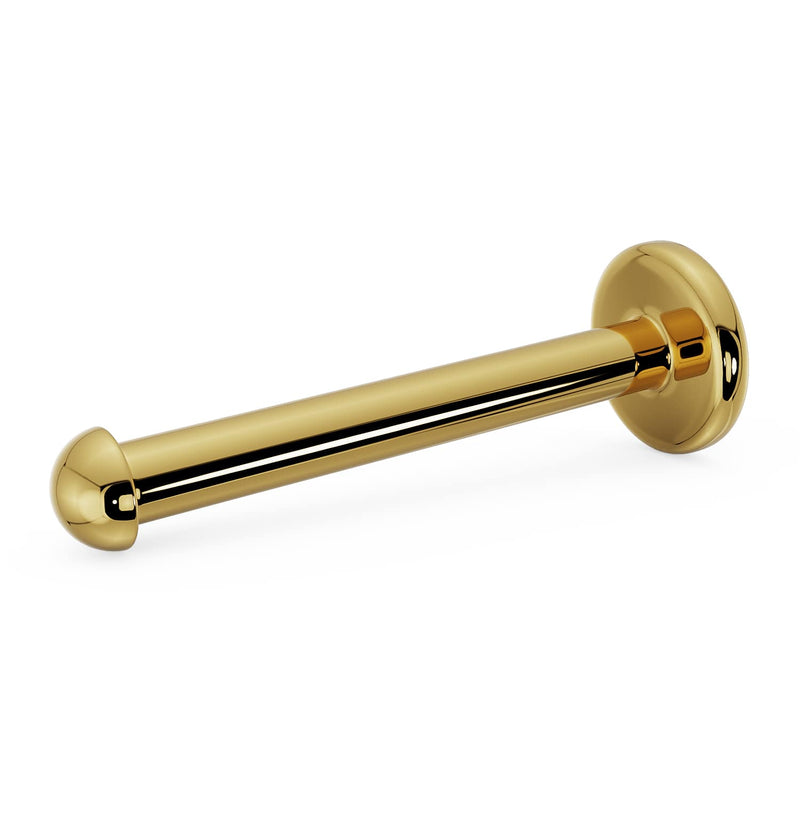 14K yellow gold 1.5mm dome flat back labret, angled view showing post and disc backing