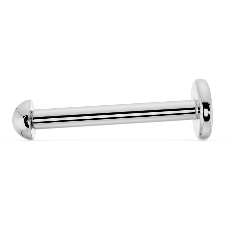 14K white gold 2mm dome flat back labret showing post length and flat disc backing, side view