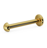 14K yellow gold 2mm dome flat back labret showing post and flat disc backing, angled view