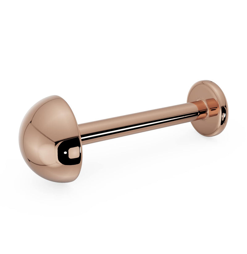 14K rose gold 4mm dome flat back labret with polished half-ball top and round flat disc, angled view