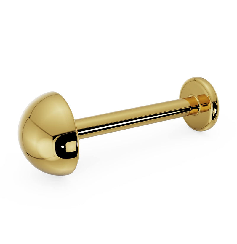14K yellow gold 4mm dome flat back labret showing polished half-ball charm and disc backing, angled view