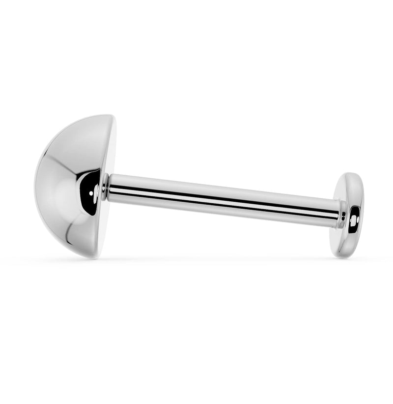 14k white gold 5mm dome flat back labret, side profile highlighting flat disc backing and post length