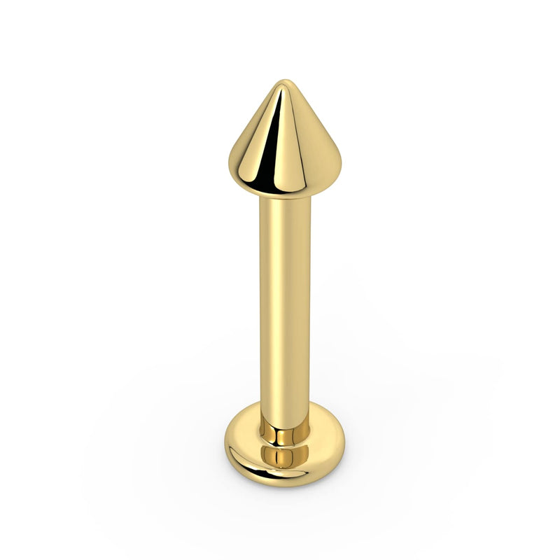 14k yellow gold 3mm spike flat back labret stud, straight-on front view showing cone tip and disc base