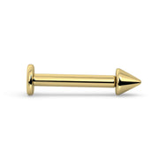 14k yellow gold spike labret stud shown horizontally, flat back on left and spike tip on right