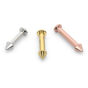 3mm spike labret studs in all three gold colors: 14k white gold, yellow gold, and rose gold