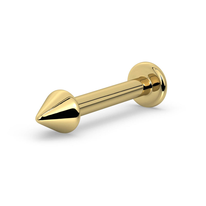 14k yellow gold spike labret stud with flat disc backing, angled side view showing barbell length