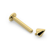 14k yellow gold spike labret disassembled, showing threaded cone end separated from flat back post
