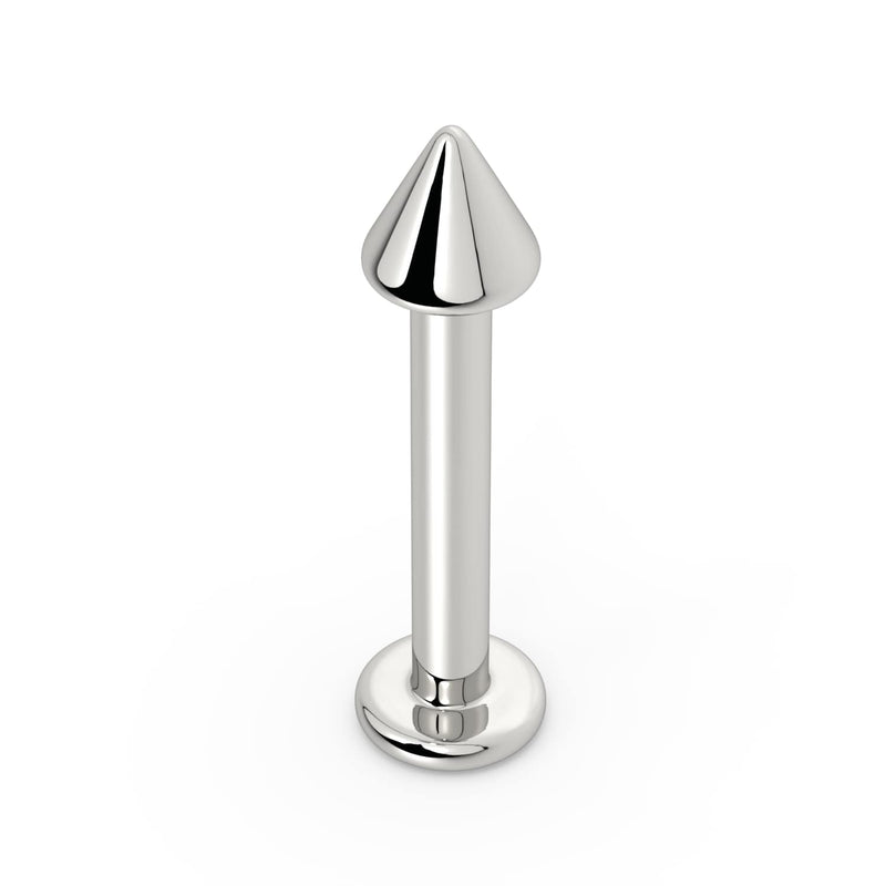 14k white gold 3mm spike labret stud, front view highlighting bright silver tone and pointed cone end