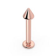 14k rose gold 3mm spike labret stud, front view showing warm pink tone, cone tip, and flat disc base