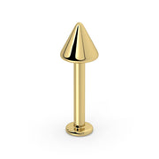 14K yellow gold spike labret stud, straight-on front view showing cone tip and post length