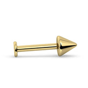 Side profile of 14K yellow gold spike labret stud showing barbell length and pointed cone end