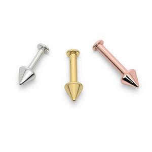 4mm spike labret studs in all three gold colors: white, yellow, and rose gold side by side