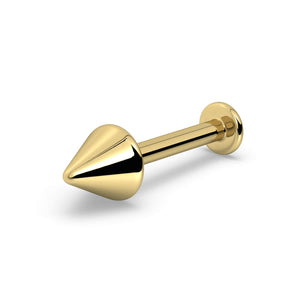 14K yellow gold spike labret stud, angled view showing cone top and flat disc backing