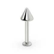14K white gold spike labret stud, front view highlighting polished cone and flat backing