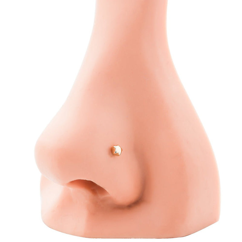 14k yellow gold star charm nose ring shown in pierced nose demonstrating minimal 3mm size