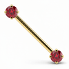 14k yellow gold straight barbell with vivid red round CZ stones, close-up front view