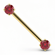 14k yellow gold straight barbell with vivid red round CZ stones, close-up front view