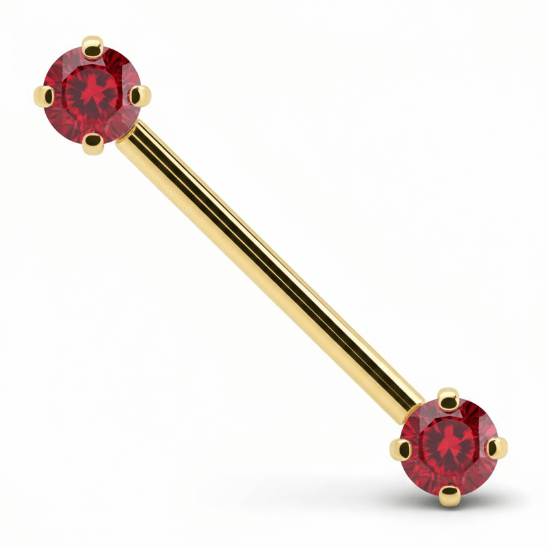 14k yellow gold straight barbell with vivid red round CZ stones, close-up front view