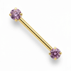 14k yellow gold straight barbell with dual pink CZ prong settings, angled product shot