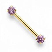 14k yellow gold straight barbell with dual pink CZ prong settings, angled product shot