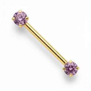 14k yellow gold straight barbell with dual pink CZ prong settings, angled product shot