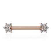 14k rose gold diamond flower nipple barbell, front view with sparkling round-cut diamond flower ends