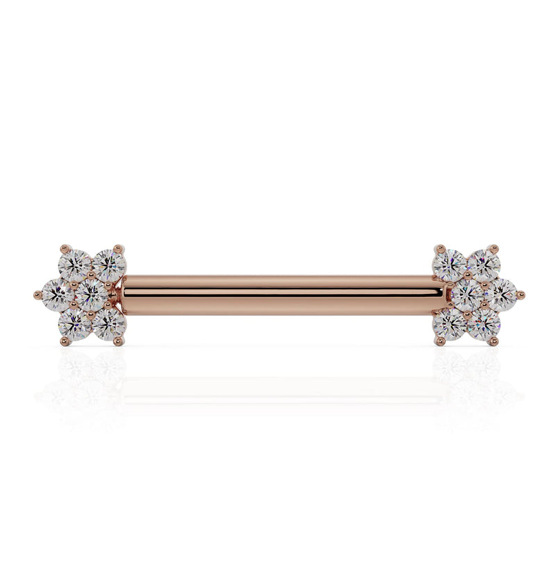 14k rose gold diamond flower nipple barbell, front view with sparkling round-cut diamond flower ends